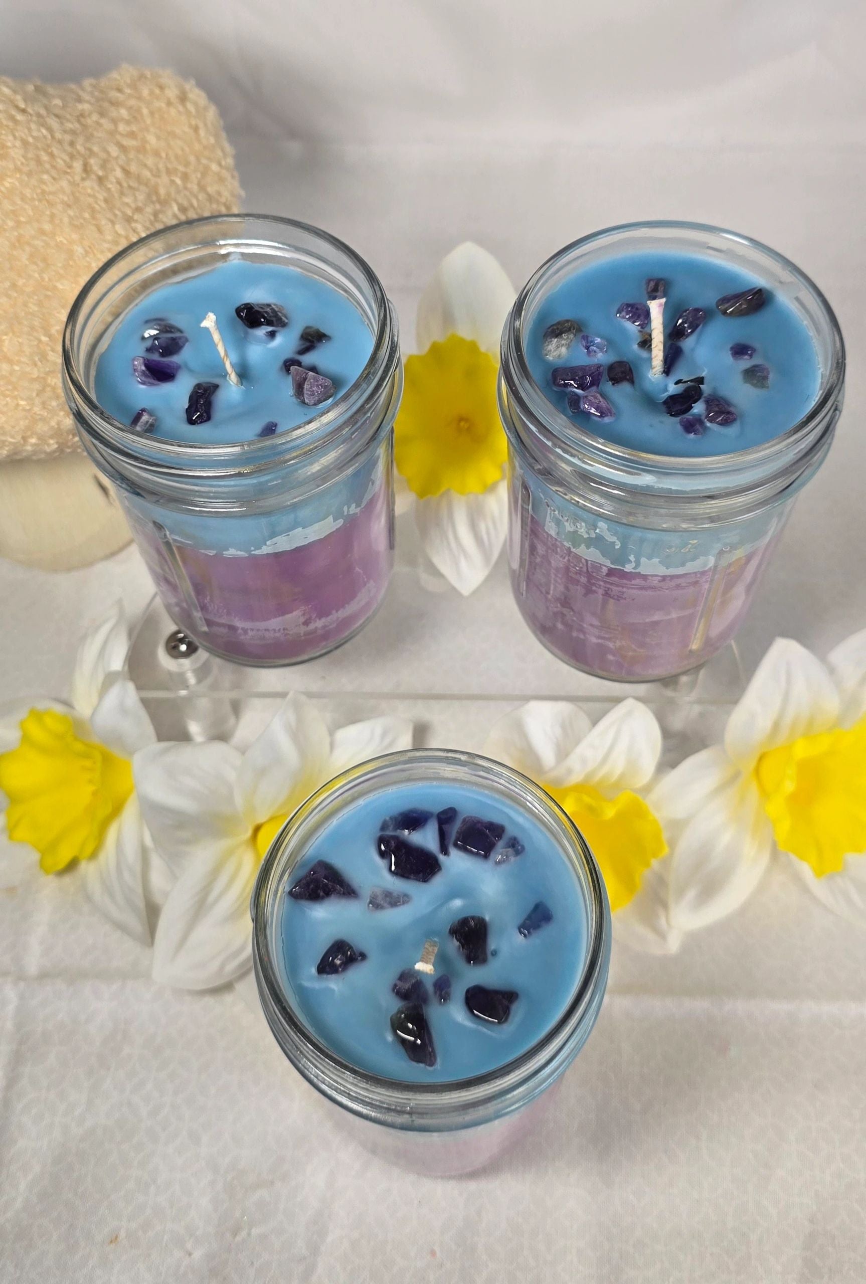 Tranquility Coconut Wax Candle - Purple & Sky Blue with Amethyst Stones - Reid Street Soap Co, LLC