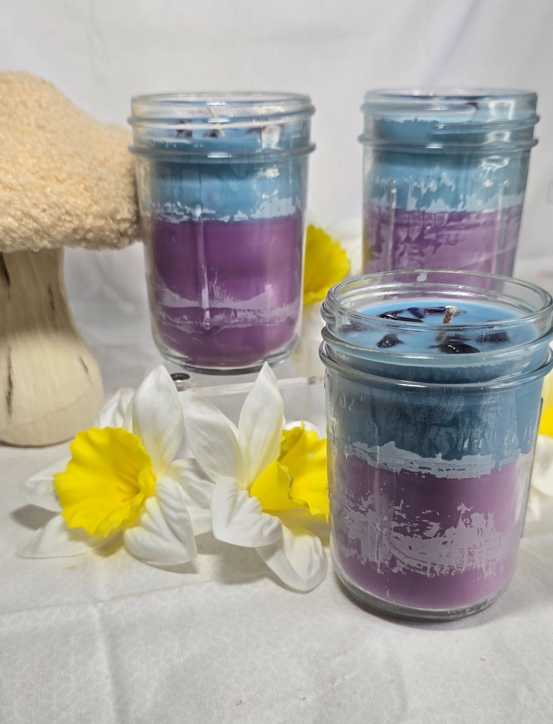 Tranquility Coconut Wax Candle - Purple & Sky Blue with Amethyst Stones - Reid Street Soap Co, LLC
