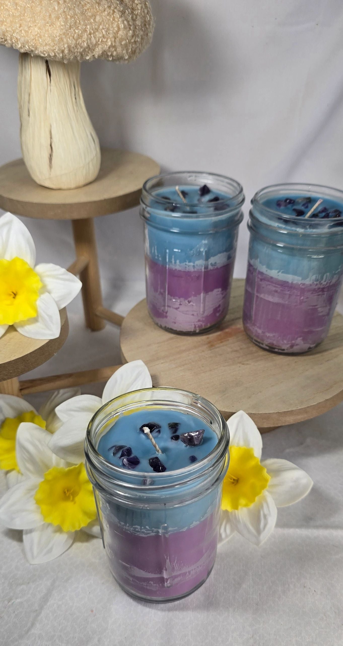 Tranquility Coconut Wax Candle - Purple & Sky Blue with Amethyst Stones - Reid Street Soap Co, LLC