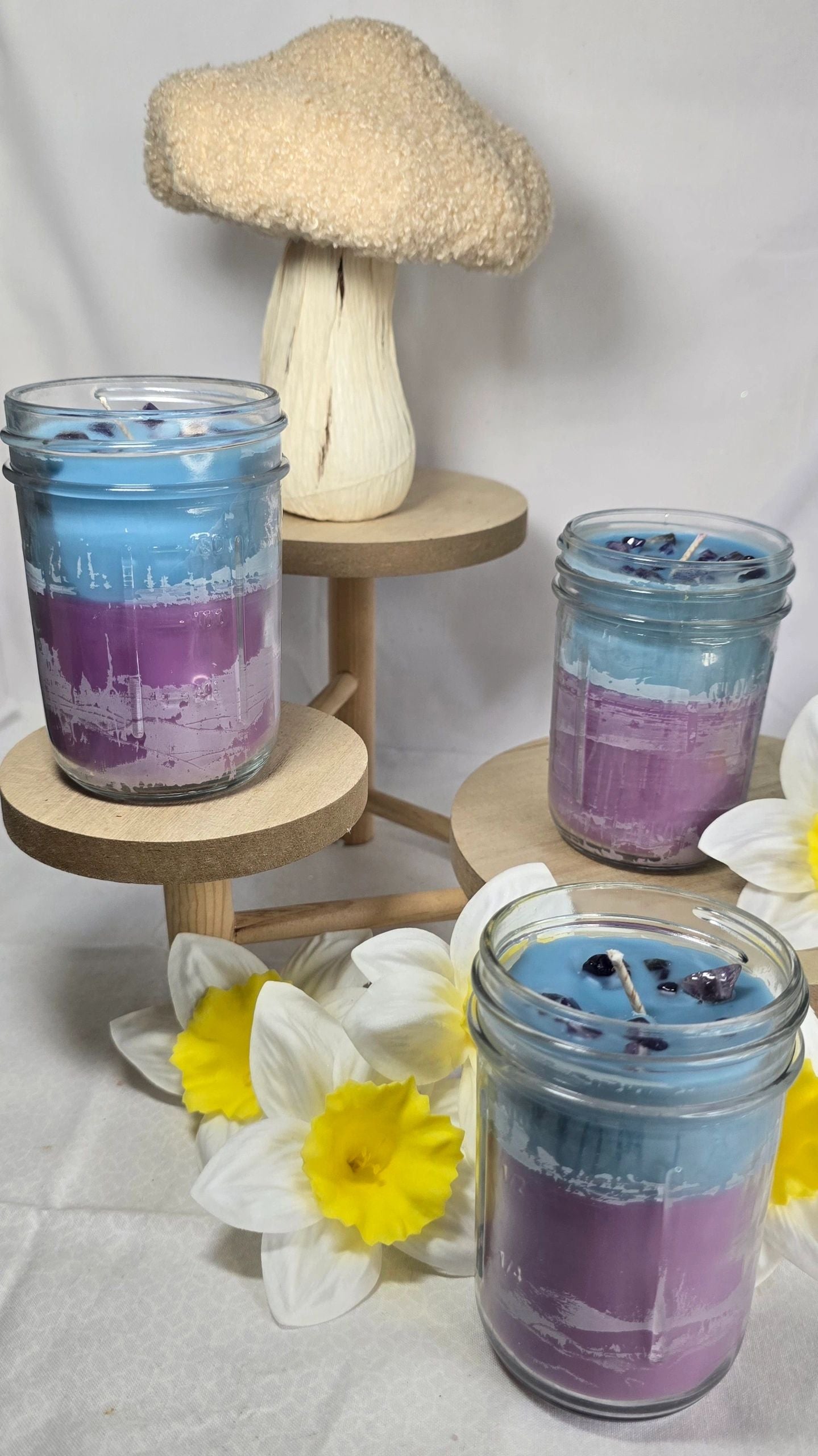 Tranquility Coconut Wax Candle - Purple & Sky Blue with Amethyst Stones - Reid Street Soap Co, LLC