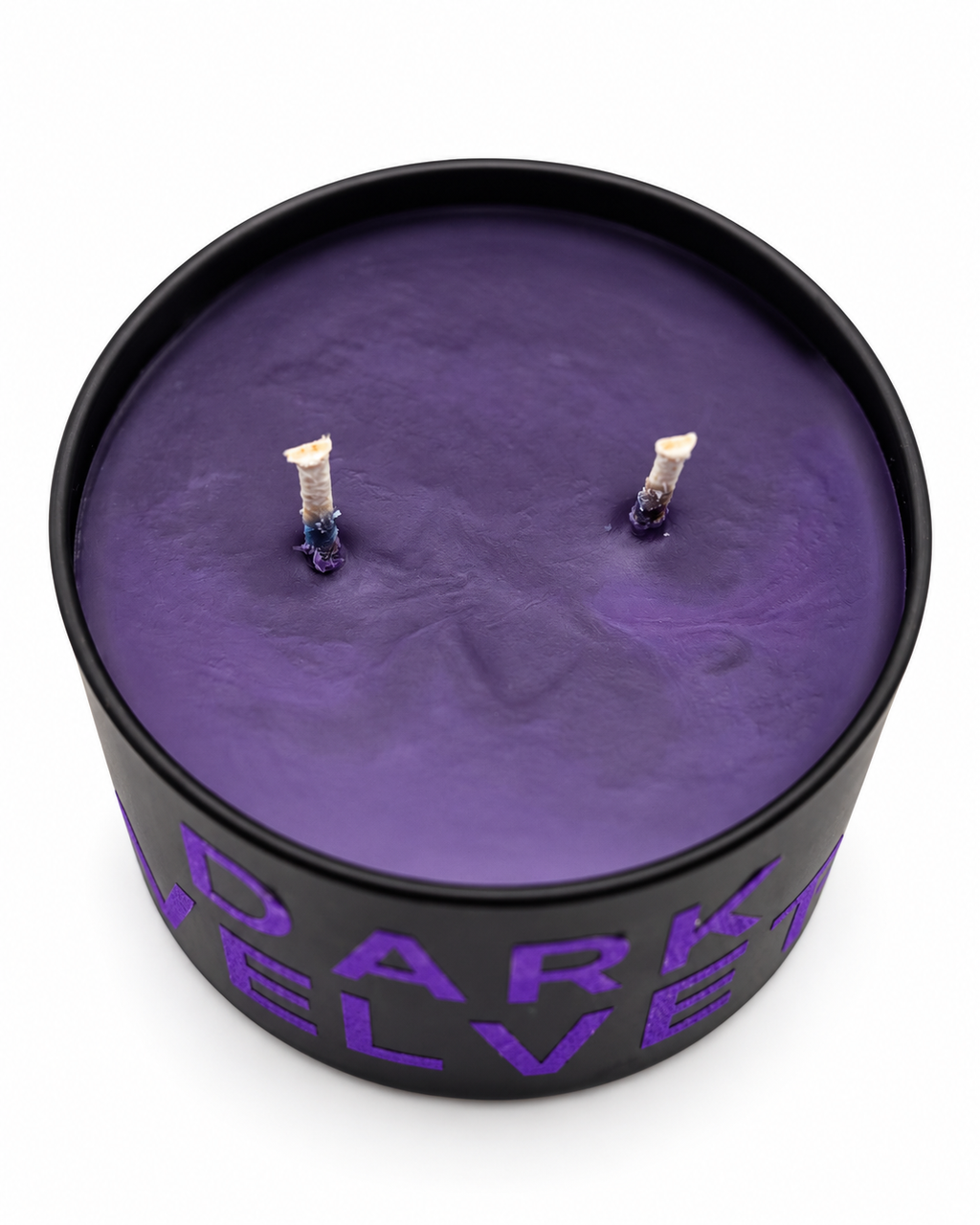 Dark Velvet candle angled front view on white background