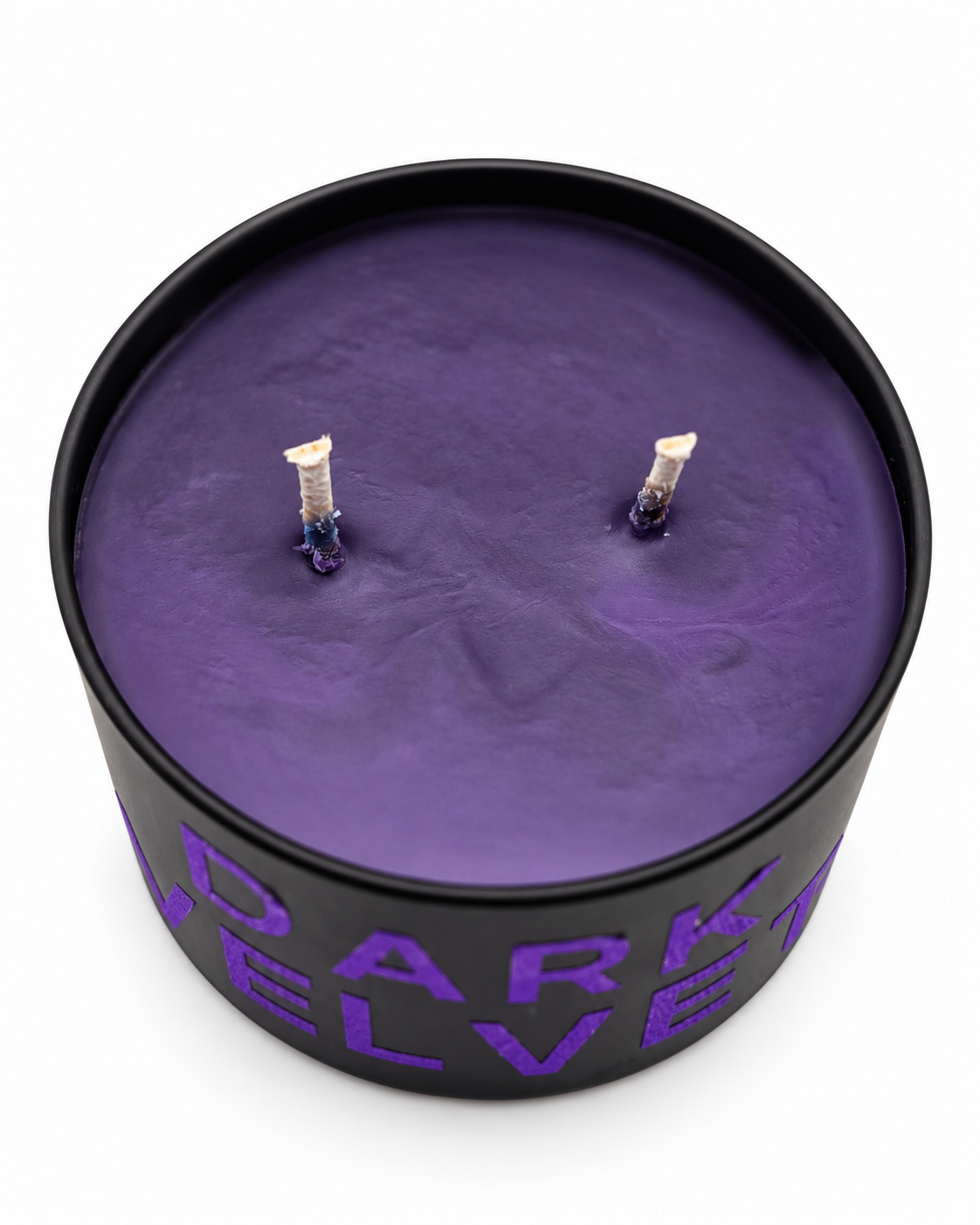 Dark Velvet candle angled front view on white background