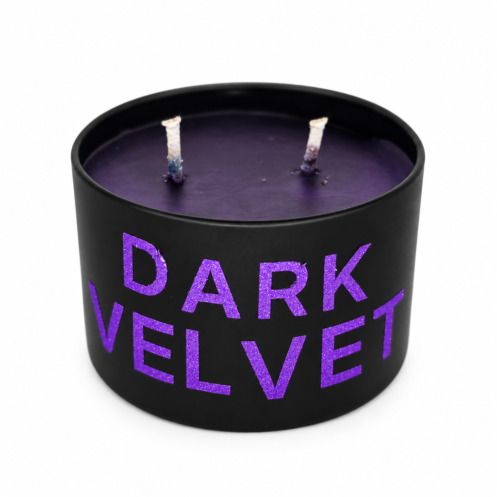Dark Velvet candle front view, black tin with purple lettering