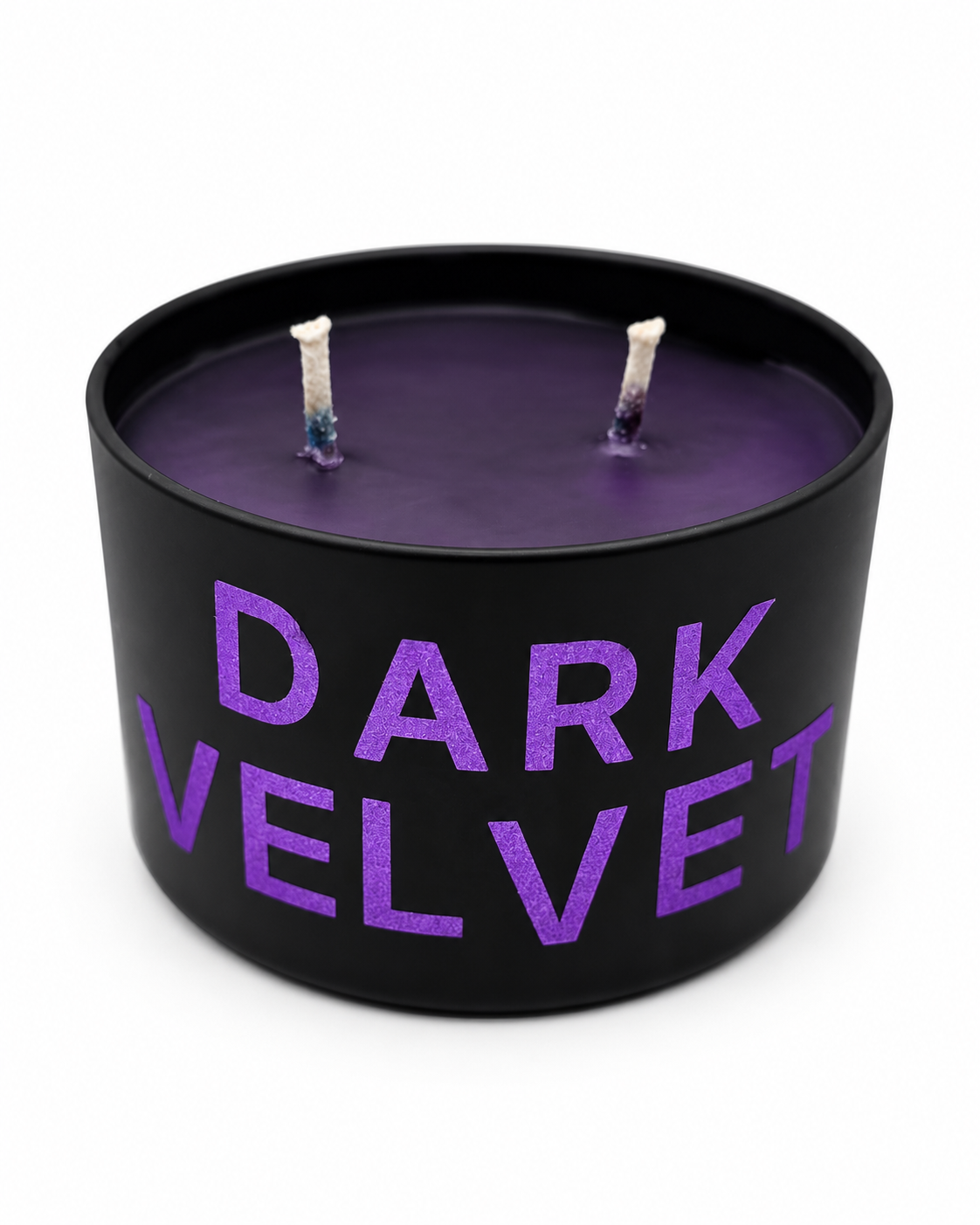 Dark Velvet candle purple wax and two wicks, overhead view