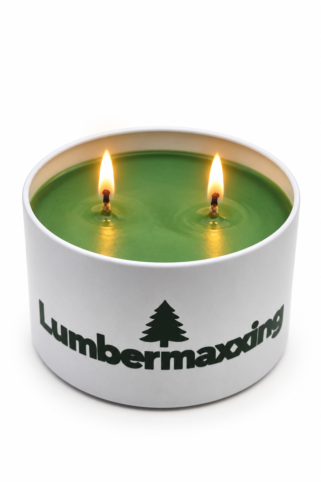 Lumbermaxxing dark green candle burning with two lit wicks