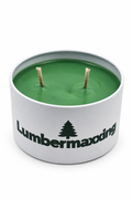Lumbermaxxing dark green coconut wax and beeswax candle in a white tin