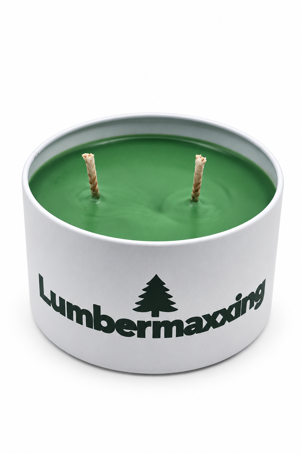 Lumbermaxxing dark green coconut wax and beeswax candle in a white tin