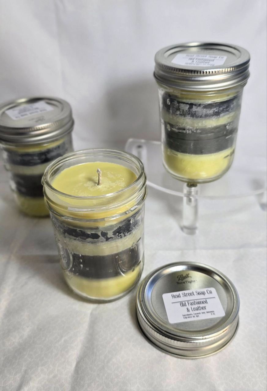 Old Fashioned & Leather Scented Candle - 8 oz Mason Jar | Bourbon & Leather Blend - Reid Street Soap Co, LLC