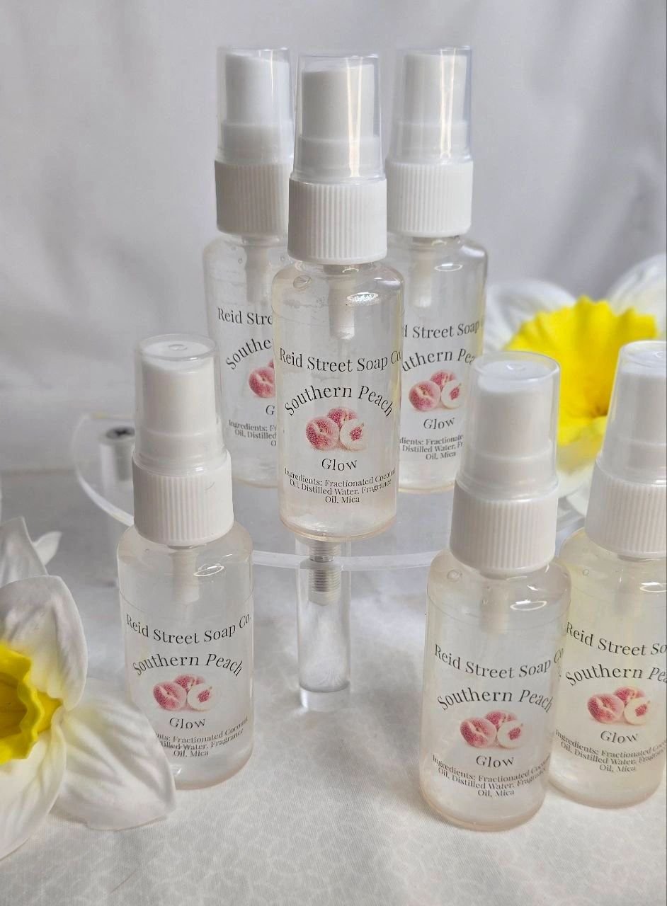 Southern Peach Glow Body Spray – 2 oz, Paraben-Free, Phthalate-Free, Fresh Peach Scent with Subtle Shimmer - Reid Street Soap Co, LLC