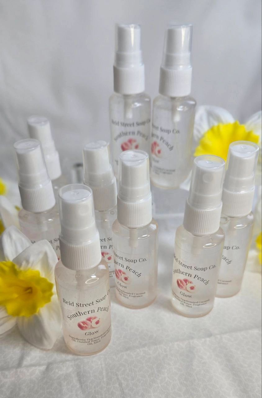 Southern Peach Glow Body Spray – 2 oz, Paraben-Free, Phthalate-Free, Fresh Peach Scent with Subtle Shimmer - Reid Street Soap Co, LLC