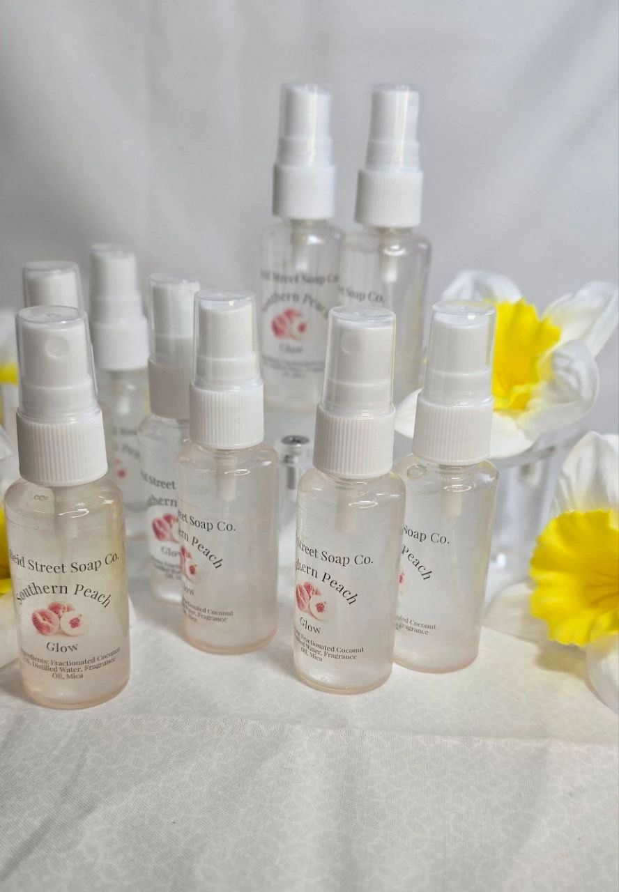Southern Peach Glow Body Spray – 2 oz, Paraben-Free, Phthalate-Free, Fresh Peach Scent with Subtle Shimmer - Reid Street Soap Co, LLC