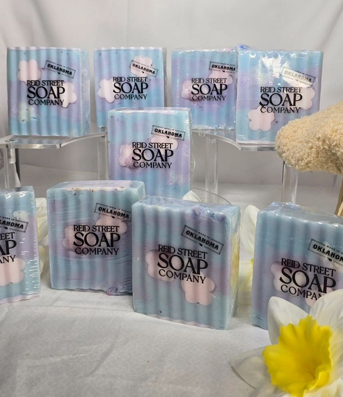 Tranquility Artisan Soap - Purple & Sky Blue with White Flower, 5 OZ - Reid Street Soap Co, LLC