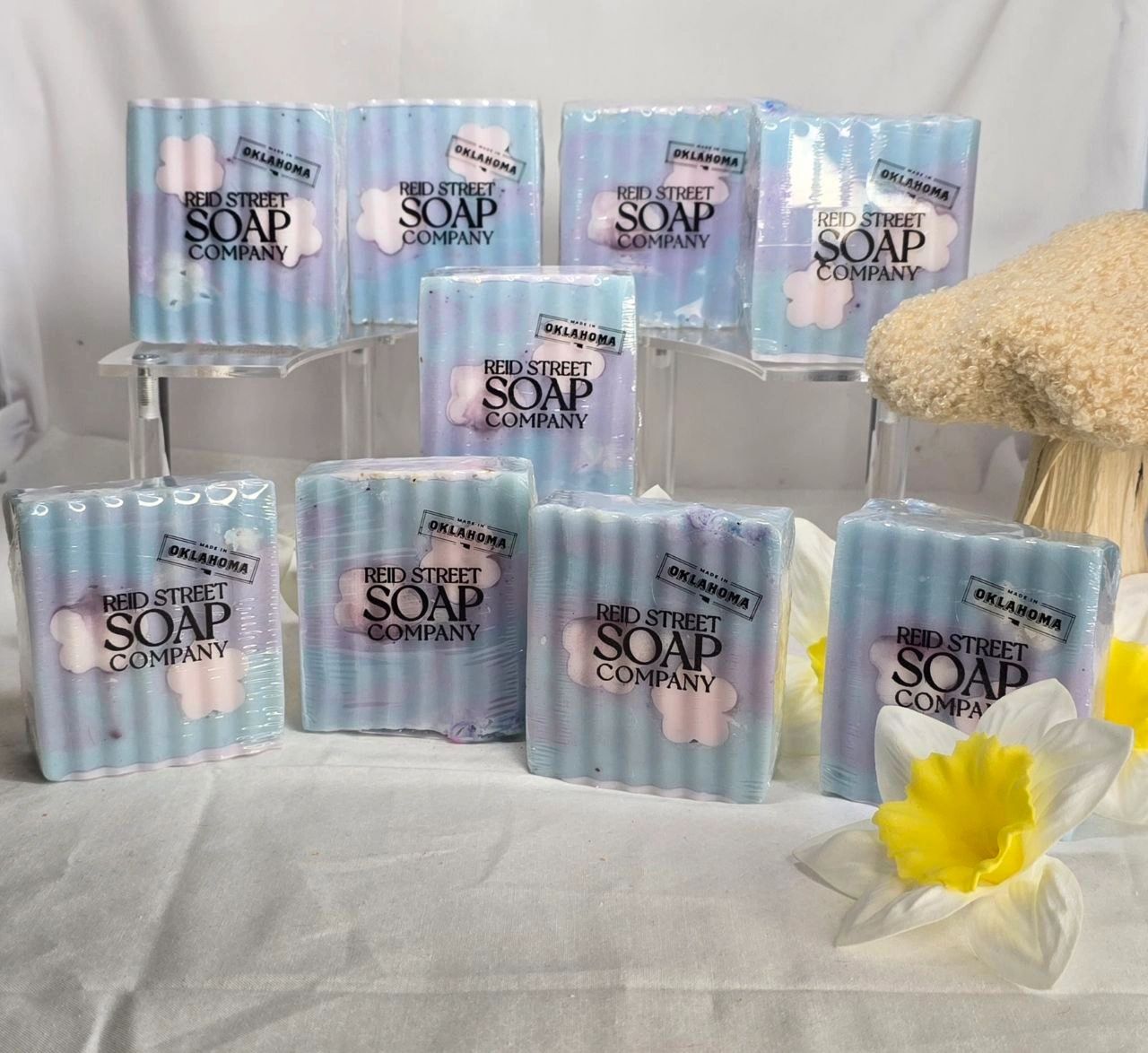Tranquility Artisan Soap - Purple & Sky Blue with White Flower, 5 OZ - Reid Street Soap Co, LLC
