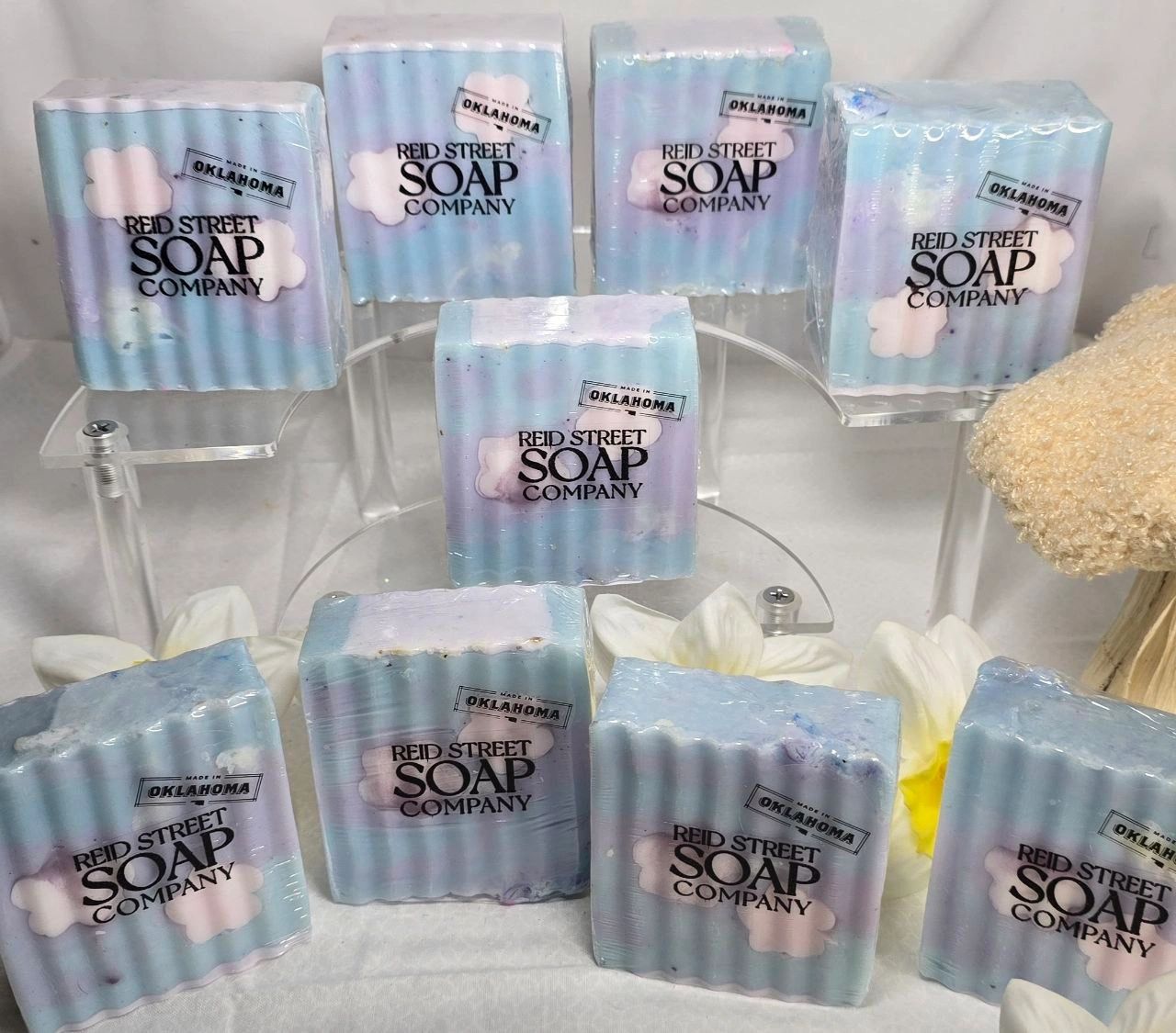 Tranquility Artisan Soap - Purple & Sky Blue with White Flower, 5 OZ - Reid Street Soap Co, LLC