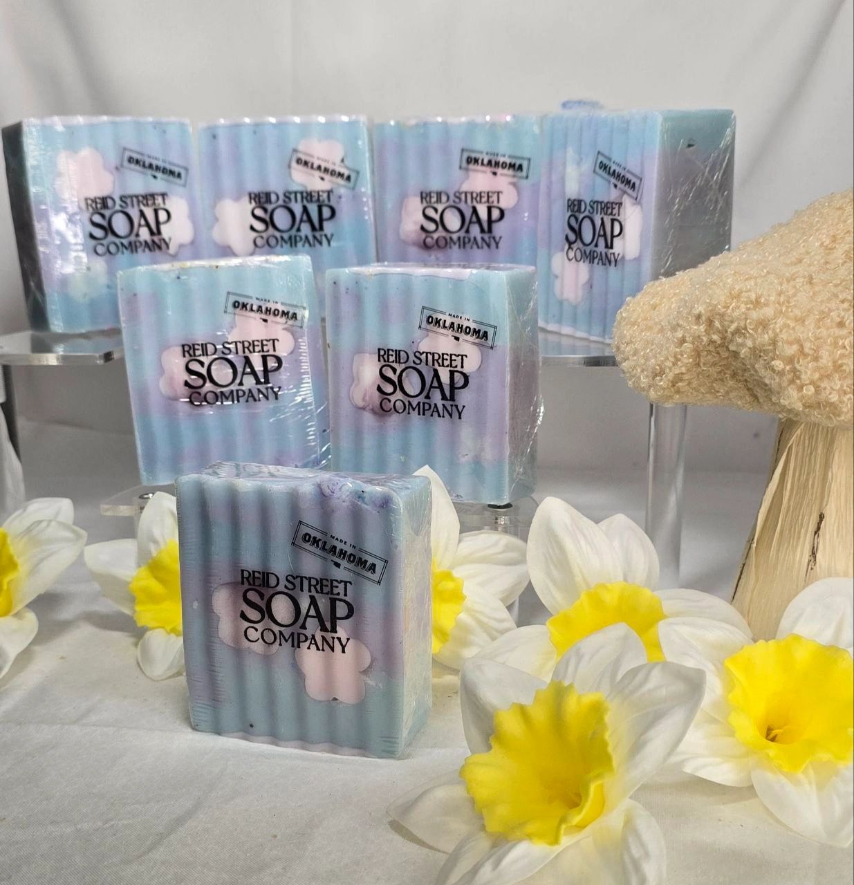 Tranquility Artisan Soap - Purple & Sky Blue with White Flower, 5 OZ - Reid Street Soap Co, LLC