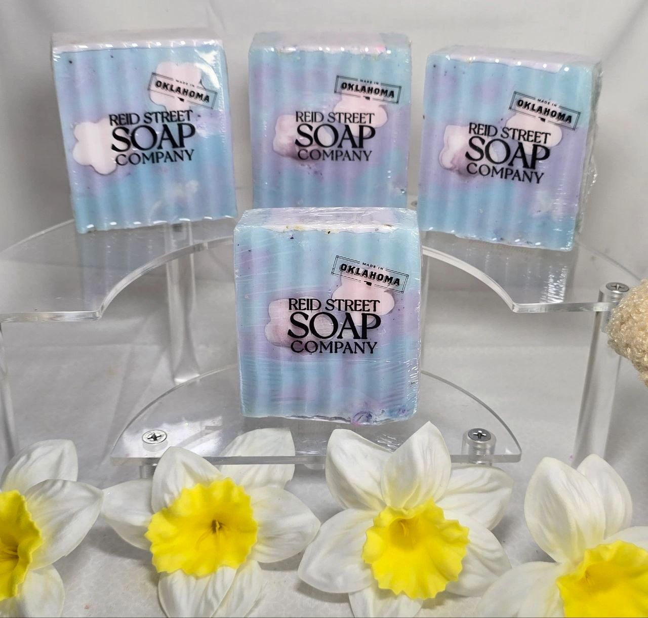 Tranquility Artisan Soap - Purple & Sky Blue with White Flower, 5 OZ - Reid Street Soap Co, LLC
