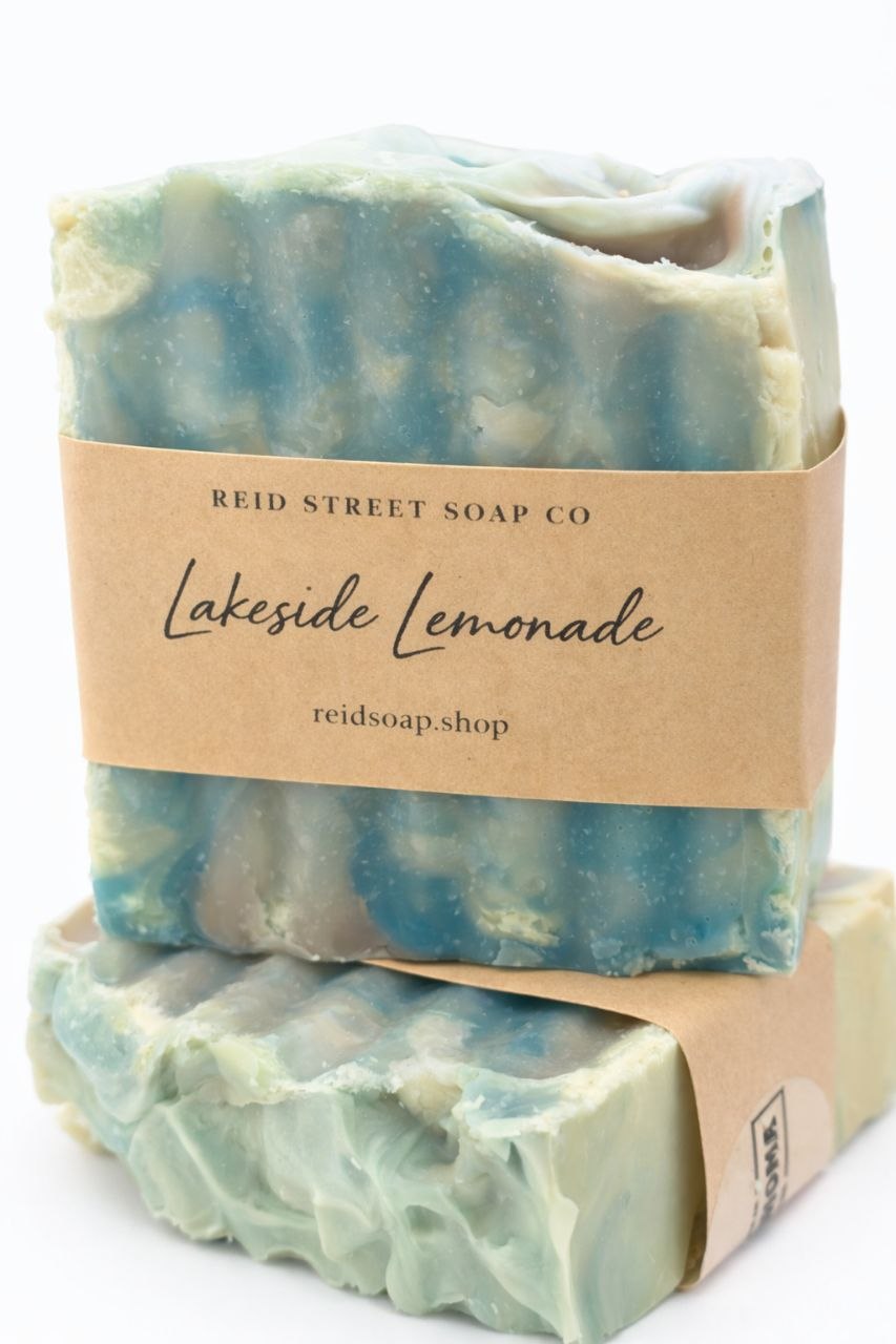 Two bars of soap with a 'Lakeside Lemonade' label on a white background