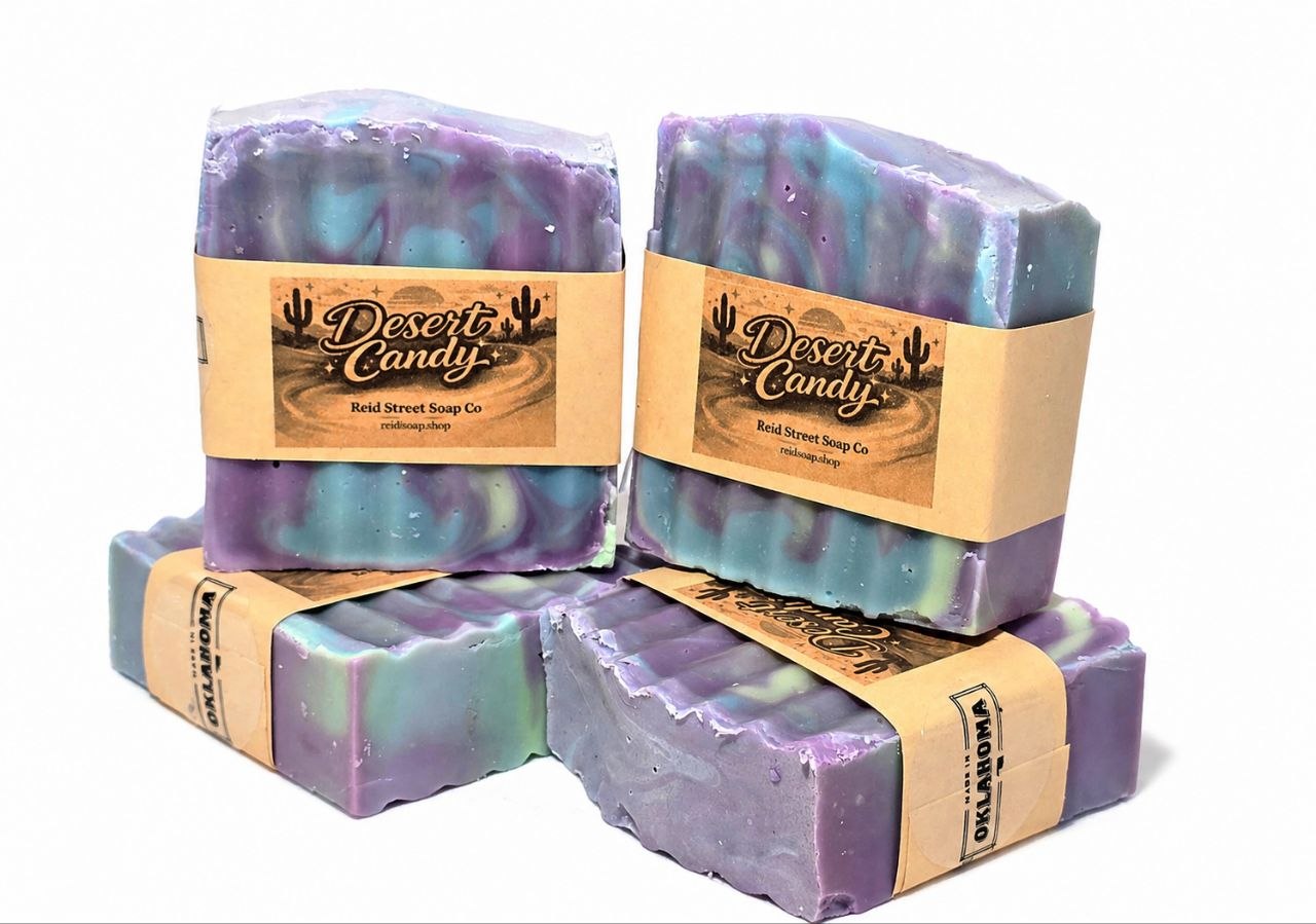 Stack of soap bars with 'Desert Candy' label on a white background