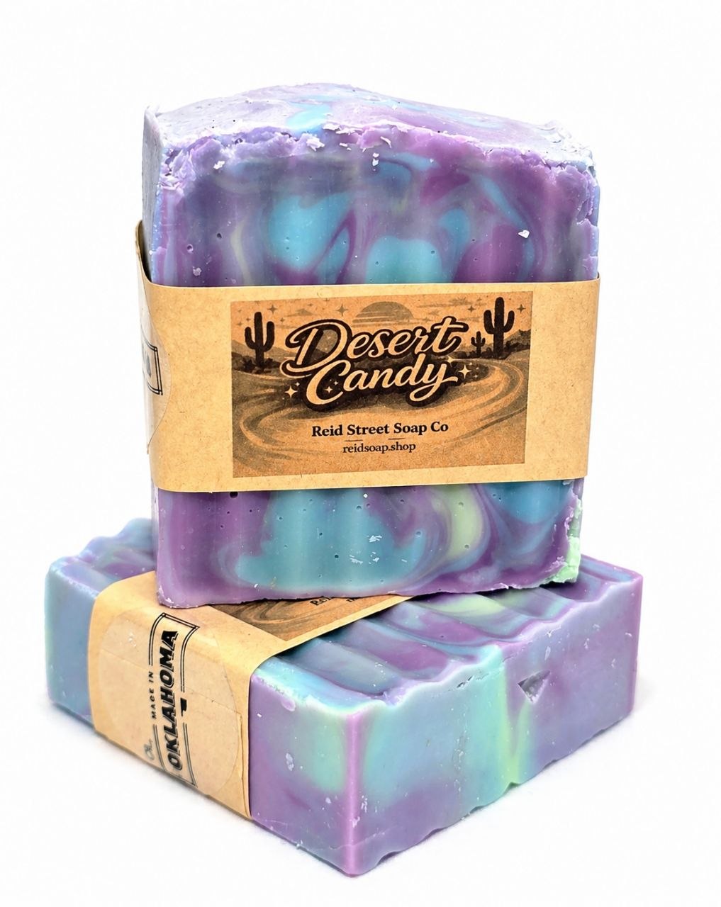 Two bars of soap with a 'Desert Candy' label on a white background