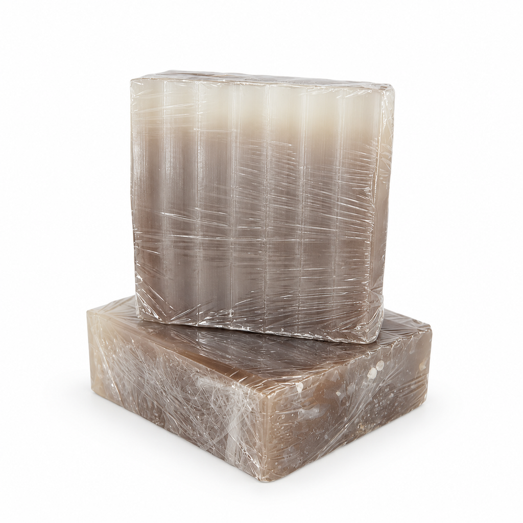 Simple Almond handcrafted brown and white swirled almond soap bars in clear wrapping on a white background