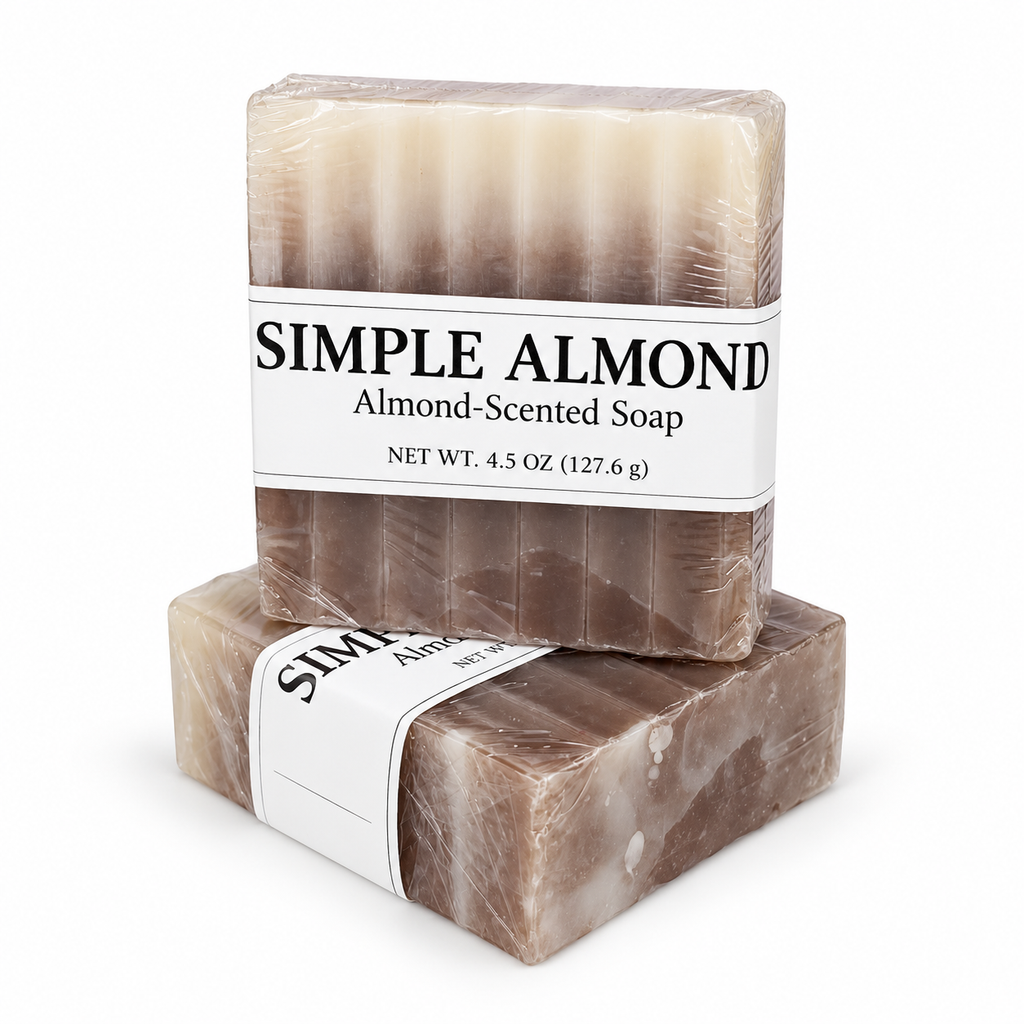 Simple Almond handmade almond scented soap 4.5 oz, brown and white swirl, wrapped bars with belly band on a white background