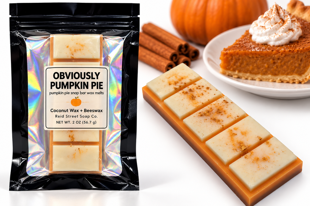 Styled concept photo of Obviously Pumpkin Pie wax melts with pumpkin pie and cinnamon
